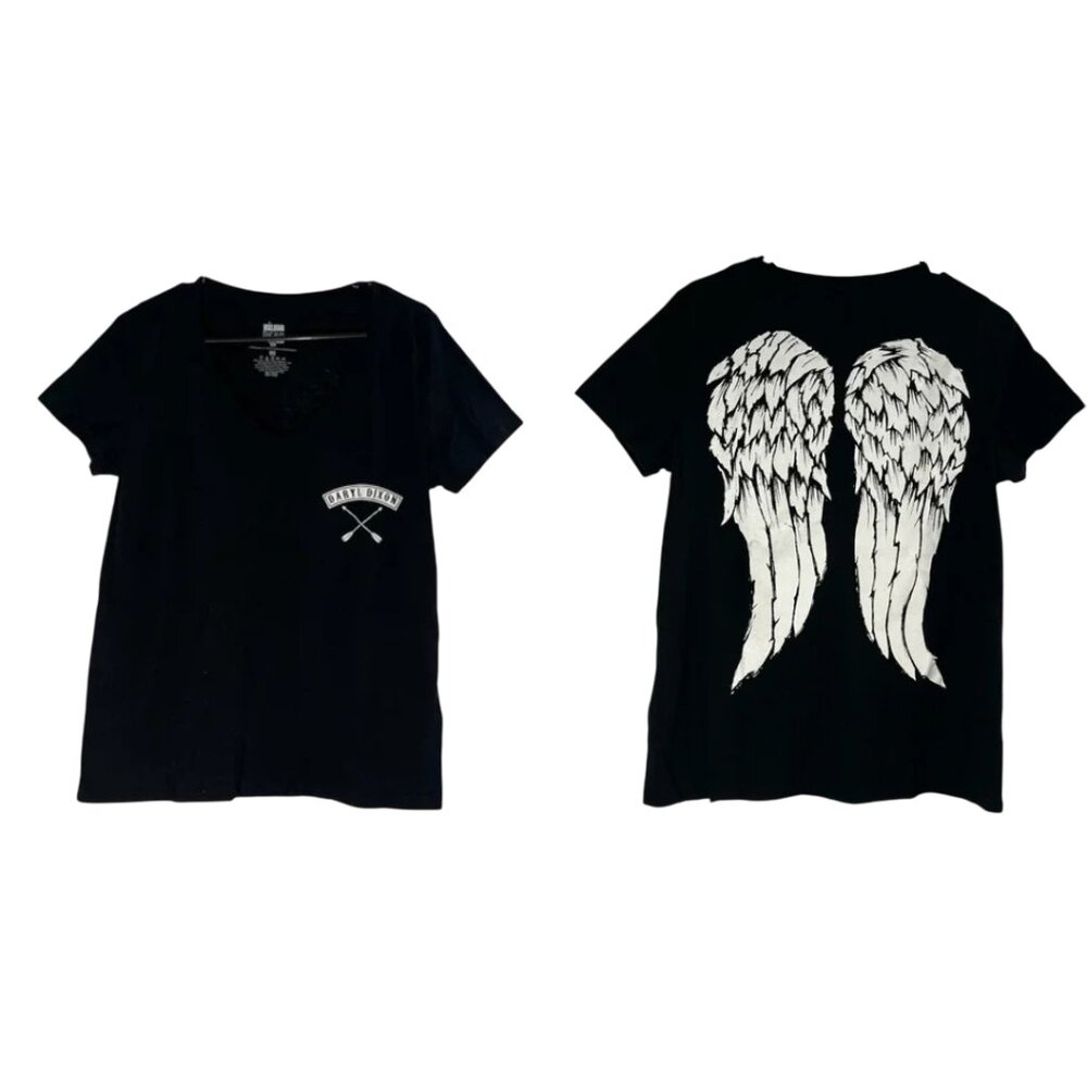 Black V‑Neck Short Sleeve Tee with White Angel Wings Graphic
